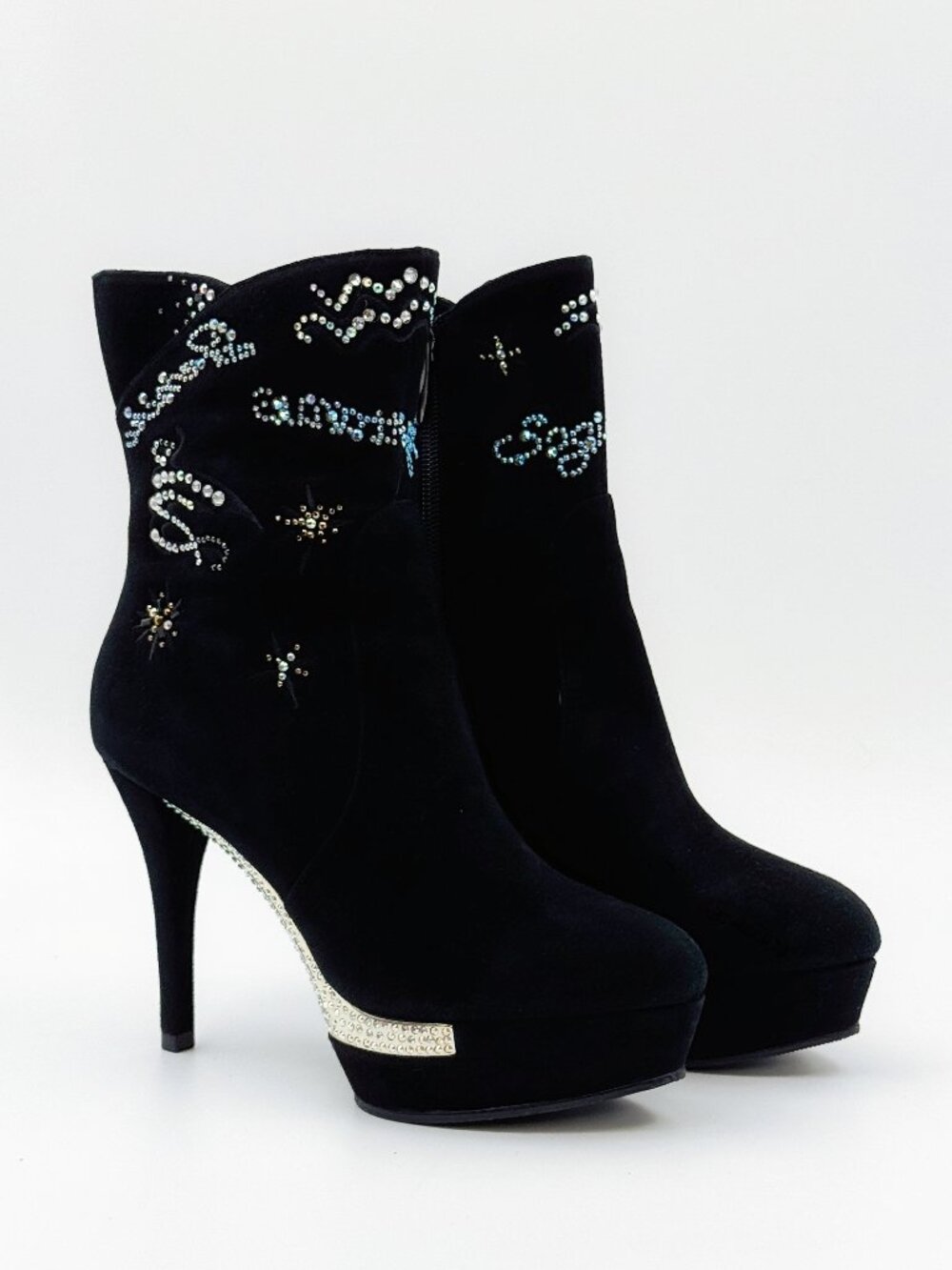 Roberta di Camerino Black Crystal Embellished Mid Calf Heel Boots